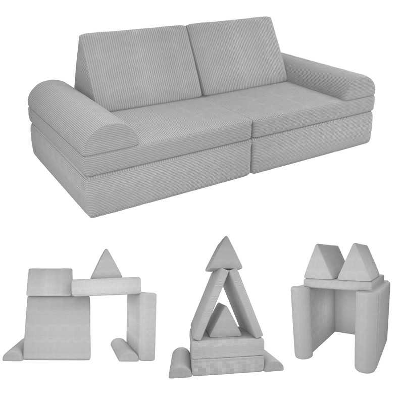 Sofá modular infantil de pana suave, set de 6 elementos, color Gris Conejito