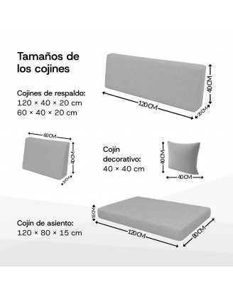 Set de 6 Cojines para Palets Impermeables 120x80 + 120x40 Gris