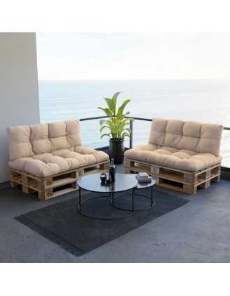 Set de 2 Cojines para Palets - Asiento 120x80 cm + Respaldo 120x40 cm, Impermeable, Acolchado, Beige
