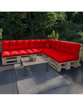 Set de 8 Cojines para Palets, 3x Asiento + 3x Respaldo + Lateral + Decorativa, Impermeable, Acolchado, Rojo